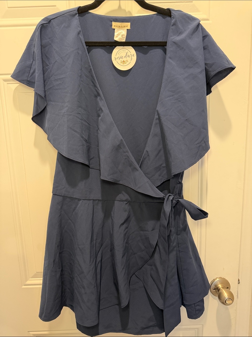 Main Strip Blue Wrap Romper with Ruffle Collar